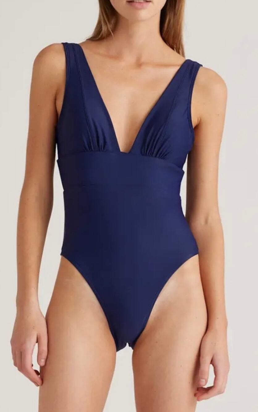 NWT Quince Italian Plunge One Piece Swimsuit Deep Navy M